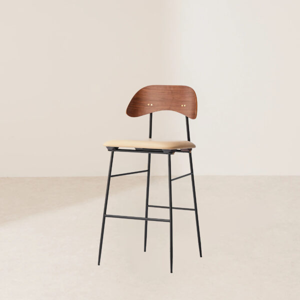VHB-007 Mid-Century Bar Stool with Wooden Backrest and Leather Seat - Image 2
