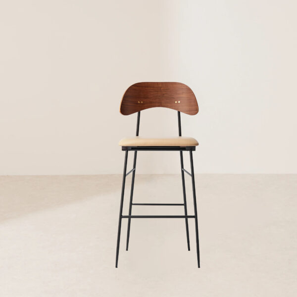 VHB-007 Mid-Century Bar Stool with Wooden Backrest and Leather Seat