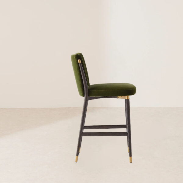 VHB-011 Luxury Green Velvet Counter Stool with Dark Wood Legs and Gold Accents - Image 3