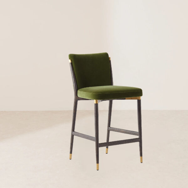 VHB-011 Luxury Green Velvet Counter Stool with Dark Wood Legs and Gold Accents - Image 2