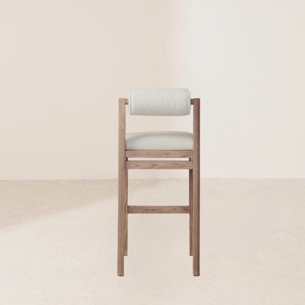 VHB-016 Italian Boucle White Bolster Accent Bar Stool with Pebbled Leather Swan-Shaped Seat