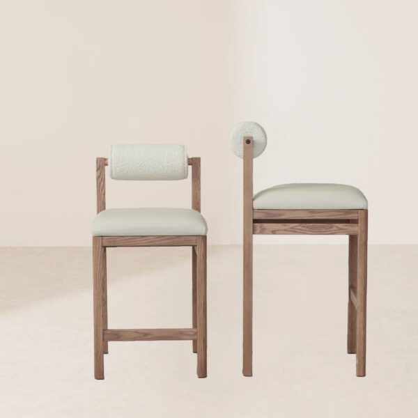 VHB-016 Italian Boucle White Bolster Accent Bar Stool with Pebbled Leather Swan-Shaped Seat - Image 4