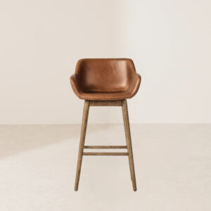 VHB-018 Vintage Style Brown Leather Barstool with Minimalist Solid Wood Base