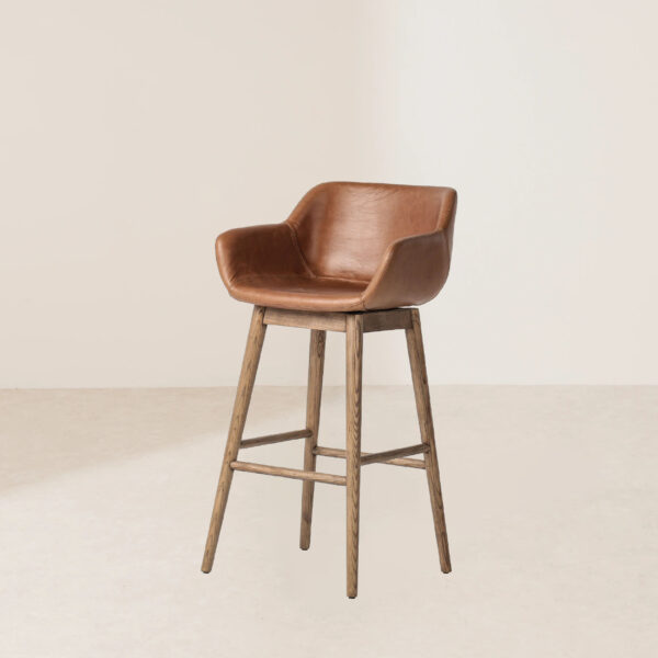 VHB-018 Vintage Style Brown Leather Barstool with Minimalist Solid Wood Base - Image 2