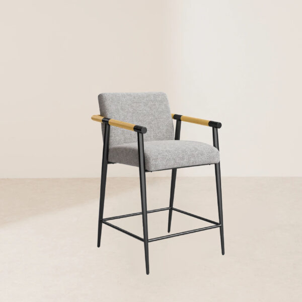 VHB-020 Counter Stool with Textural Grey Performance Fabric and Angled Solid Oak Arms - Image 2