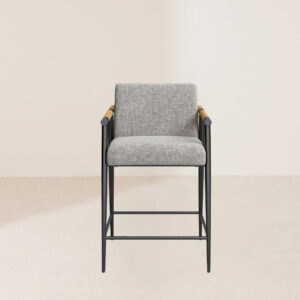 VHB-020 Counter Stool with Textural Grey Performance Fabric and Angled Solid Oak Arms