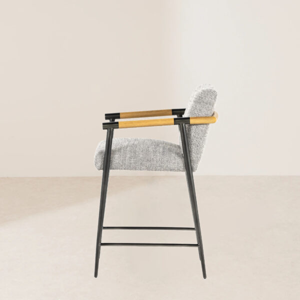 VHB-020 Counter Stool with Textural Grey Performance Fabric and Angled Solid Oak Arms - Image 3