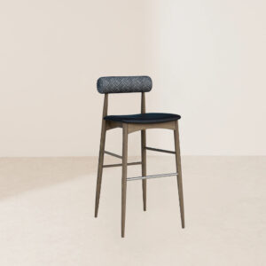 VHB-022 Modern Minimalist Dark Wood High Bar Stool with Geometric Patterned Gray Fabric Backrest and Black Seat