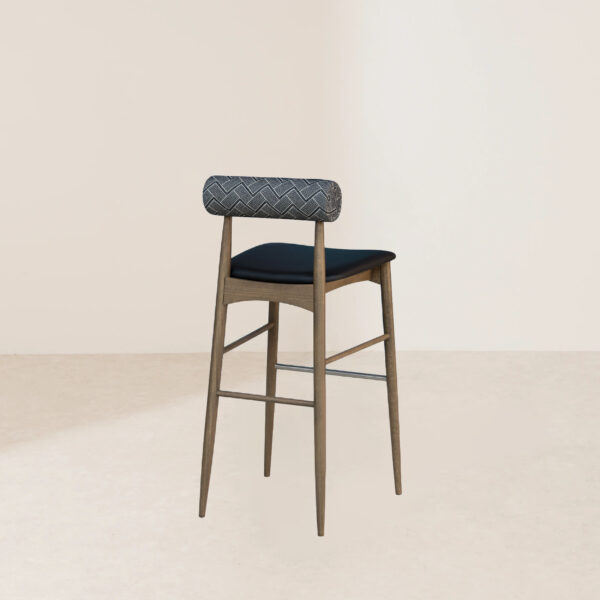 VHB-022 Modern Minimalist Dark Wood High Bar Stool with Geometric Patterned Gray Fabric Backrest and Black Seat - Image 4