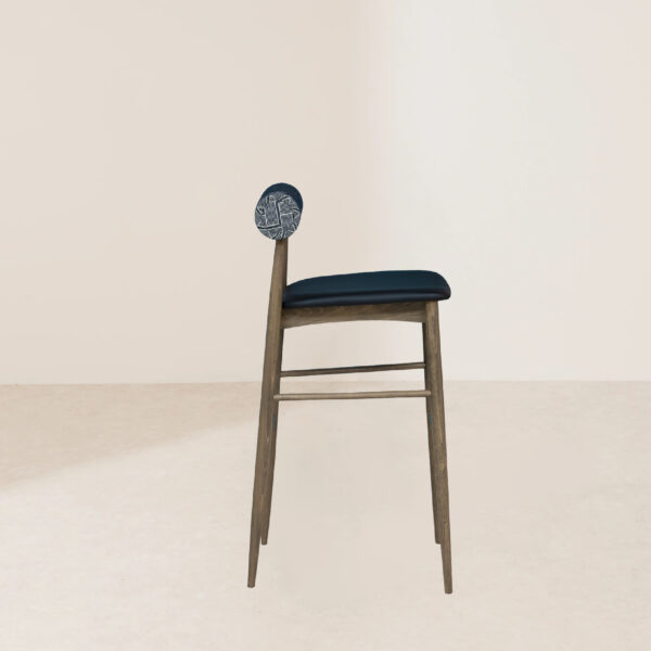 VHB-022 Modern Minimalist Dark Wood High Bar Stool with Geometric Patterned Gray Fabric Backrest and Black Seat - Image 3