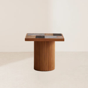 VHCT-018 Contemporary Marble Inlay with Oak Fluted Base Circular Coffee Table