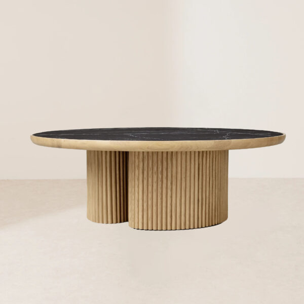 VHCT-019 Modern Stylish Round Coffee Table with Marble Top and Wavy Wood Base - Image 2