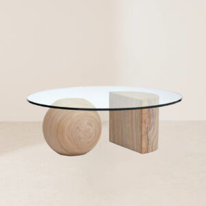 VHCT-021 Modern Minimalist Spherical-and-Semicylindrical Wood Base Round Glass Top Coffee Table
