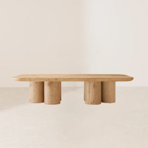 VHCT-032 Handcrafted Wooden Coffee Table with Sculptural Cylindrical Base and Crackled Texture