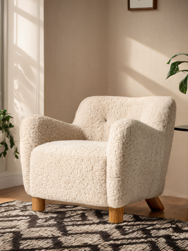 VHL-013 Handcrafted Luxurious Single Armchair with Curly Sheepskin and Classic Button Tufting - Image 6