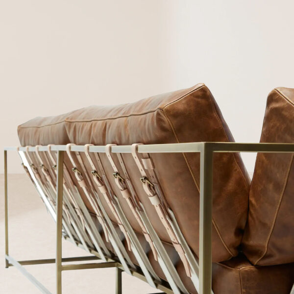 VHS-018 Retro Metal-Framed Two-Seat Tanned Leather Sofa with Comfortable Support Belts - Image 4