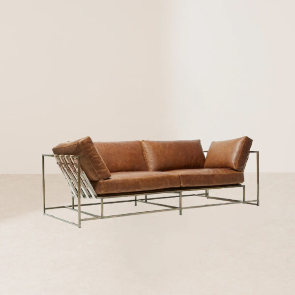VHS-018 Retro Metal-Framed Two-Seat Tanned Leather Sofa with Comfortable Support Belts - Image 2