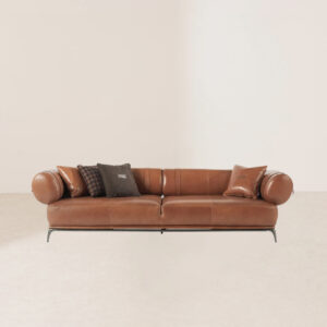 VHS-021 Vintage Classic Roll-Arm Sofa with Black Chrome Base and Saddle Leather Upholstery