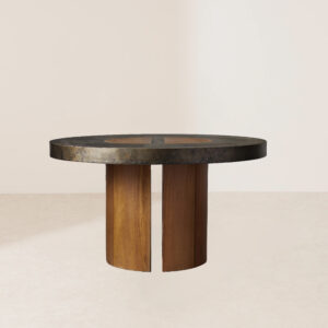 VHDT-014 Handcrafted Unique Dining Table with Oxidized Steel and Rare Veneer Patchwork