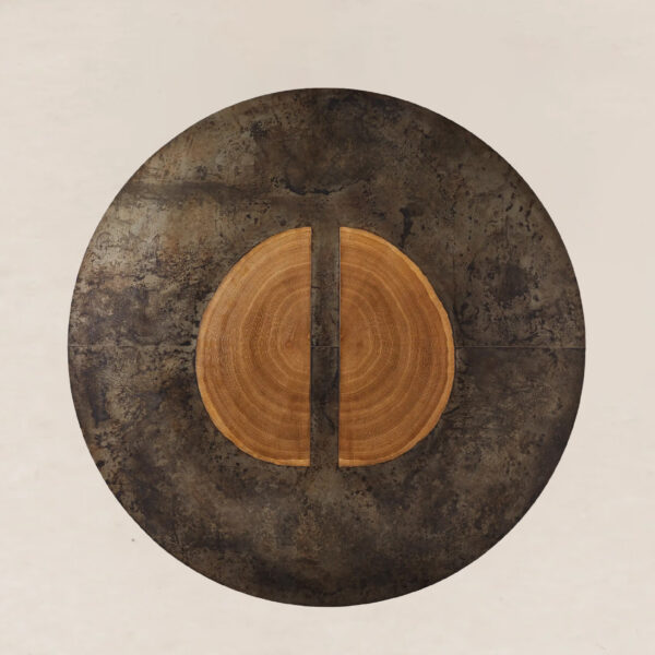 VHDT-014 Handcrafted Unique Dining Table with Oxidized Steel and Rare Veneer Patchwork - Image 3