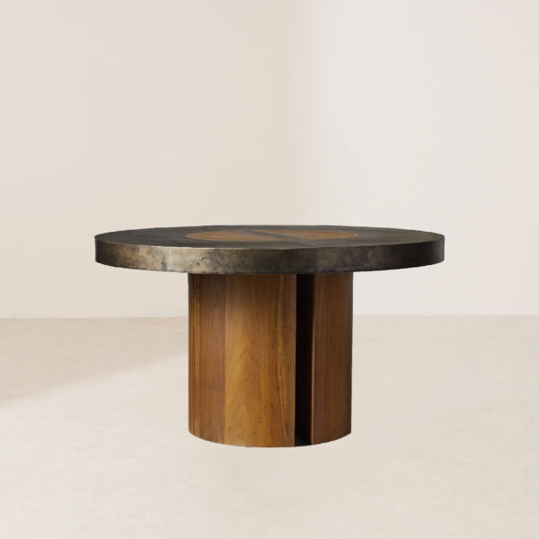VHDT-014 Handcrafted Unique Dining Table with Oxidized Steel and Rare Veneer Patchwork - Image 2
