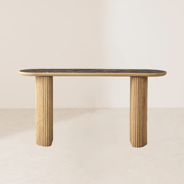 VHT-010 Chic Racetrack-Shaped Console Table with Inlaid Stone Tops and Elegant Reeded Details