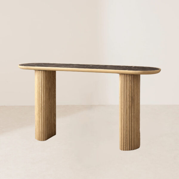 VHT-010 Chic Racetrack-Shaped Console Table with Inlaid Stone Tops and Elegant Reeded Details - Image 2