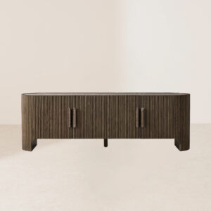 VHT-012 Stone-Inlaid Oak Veneer Reeded Console Table with Soft-Close Doors and Marble Tops